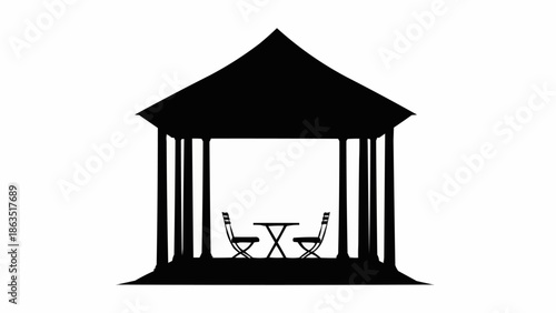 Silhouette of a gazebo with a table and chairs inside.