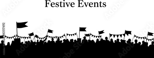 Festive Events Design Silhouetted Crowd Flags Bunting Black and White Vector Art.eps