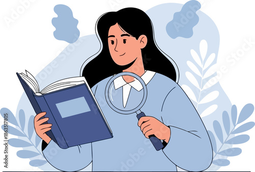 Smiling woman examining book with magnifying glass Flat design for learning and research.eps