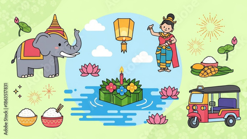 Vibrant loy krathong festival scene with elephant, woman in traditional thai dress, floating lantern, lotus flowers, and tuk tuk on a green background
