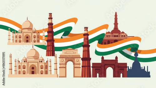 Indian landmarks and monuments with waving tricolor flag, illustration of famous buildings and structures, cultural and historical sites, travel and tourism in india
