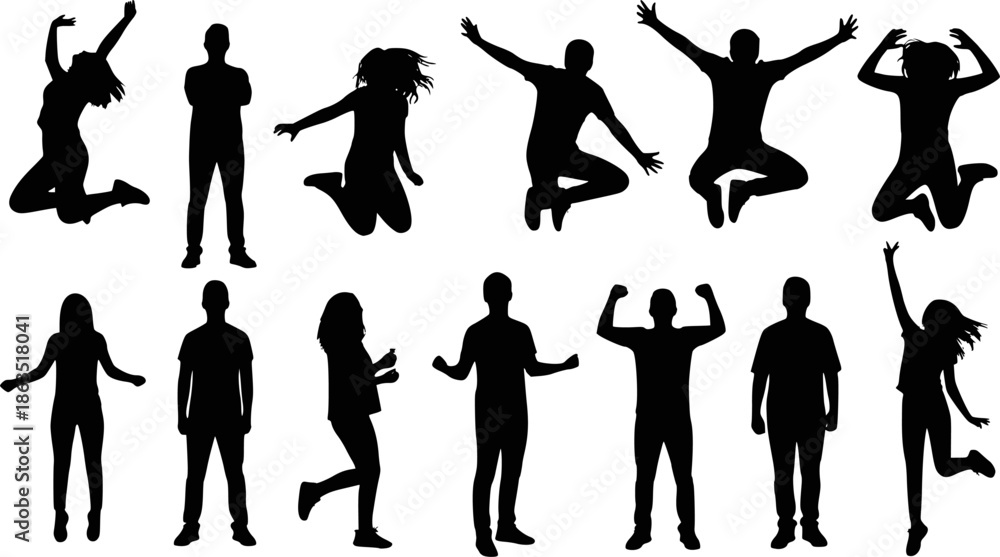 Fototapeta premium Silhouettes of young people jumping in fashionable clothes. Vector silhouettes man and women, illustration. Transparent background EPS version.