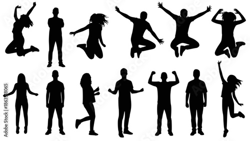 Silhouettes of young people jumping in fashionable clothes. Vector silhouettes man and women, illustration. Transparent background SVG version.