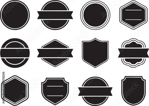 Collection of black and white label icons and shields