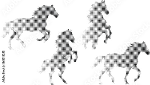 Set of 4 Grayscale Horse Silhouettes Vector Illustration