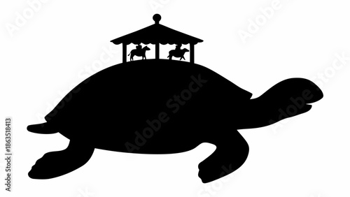 Turtle with carousel on its back in black silhouette