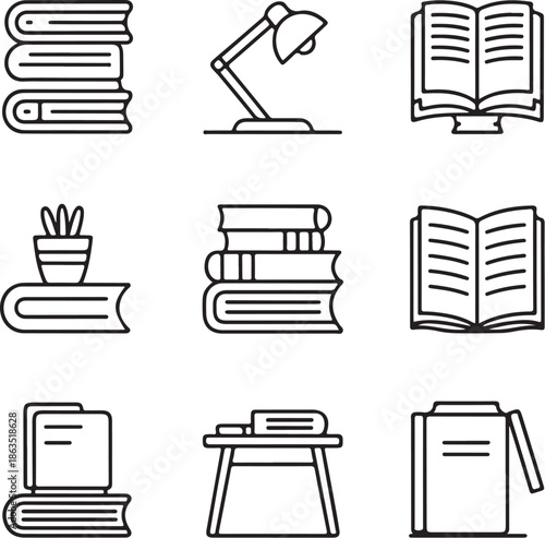 A collection of simple line icons representing books and learning