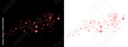 red sparkling light dust and glowing starbursts float across a dark background, creating a magical, elegant atmosphere with shimmering particles and radiant bokeh effects. floating glitter dust.