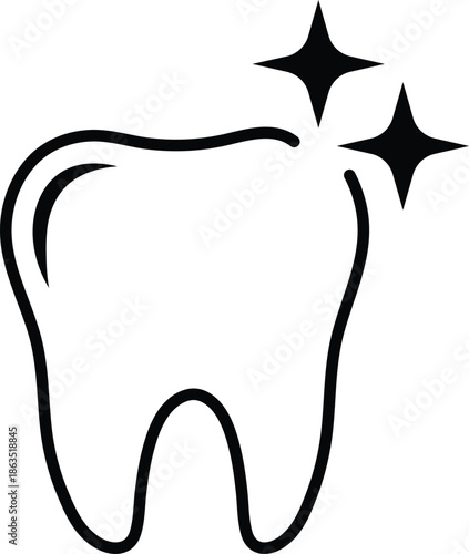 Black outline of a sparkling tooth with two starbursts dental clean