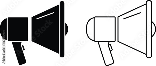 Black silhouette and outline of a megaphone on a white background bullhorn loudspeaker