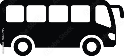 Black silhouette of a bus with rounded windows and wheels on a white background transportation