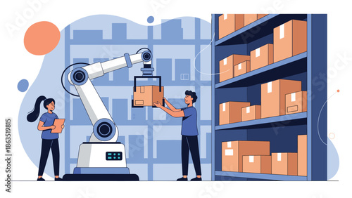 Warehouse automation in action as a robotic arm and human workers collaborate to organize and move boxes in a modern facility.