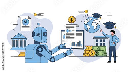 Artificial intelligence assists with financial planning for education, showing data on a screen to a man considering global studies.