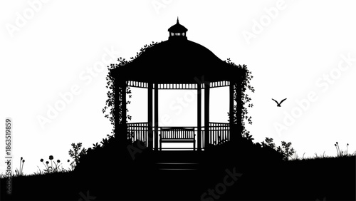 Silhouette of a Gazebo with Climbing Plants and a Bird.