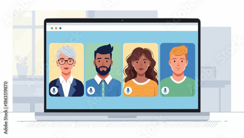 Diverse group of people on a video conference call on a laptop screen.