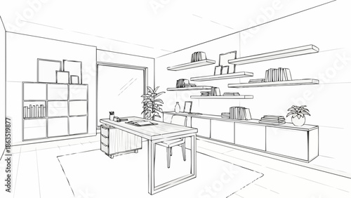 Modern Home Office Interior Design Sketch with Desk and Shelving.