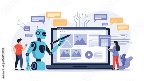 Artificial intelligence assists people in creating and managing website content, with a robot editing layouts on a large laptop screen.