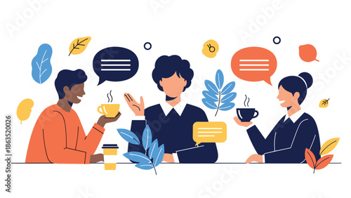 Diverse group of friends or colleagues enjoy a pleasant conversation over coffee, sitting together at a table in a cafe.