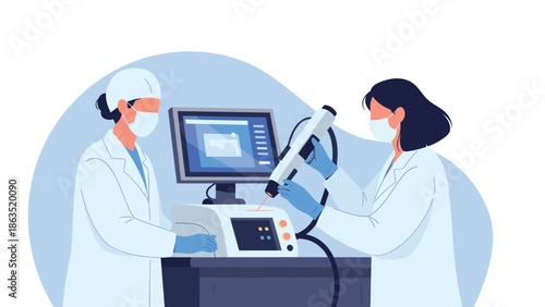 Two female scientists in a modern laboratory conduct research using advanced medical equipment and a computer for analysis.