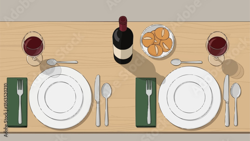 Elegant Dinner Table Setting for Two with Wine and Appetizers.