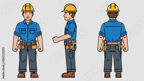 Construction worker in hard hat and tool belt from three angles.