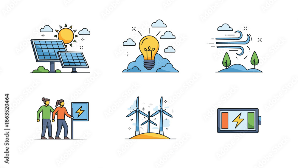 Fototapeta premium Set of icons representing renewable energy sources like solar panels, wind turbines, and eco-friendly power generation ideas.