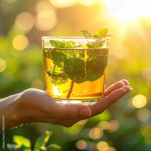 Hand Holds Refreshing Mint Tea In Sunlight With Greenery Background