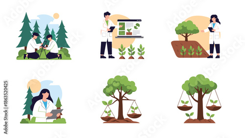 Collection of scenes showing scientists studying forestry and plant growth, promoting conservation and environmental research.