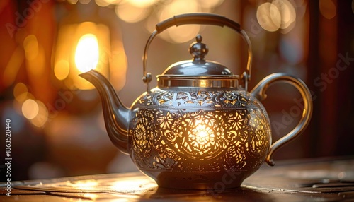 Intricate Metal Teapot Illuminated by Warm Golden Light with Soft Bokeh Background