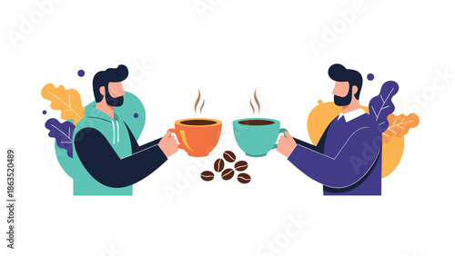 Two men with beards enjoy a friendly meeting and conversation while toasting with large cups of hot coffee at a cafe.