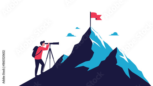 Ambitious explorer with a telescope on a tripod looks towards a flag on a distant mountain peak, representing goals and success.