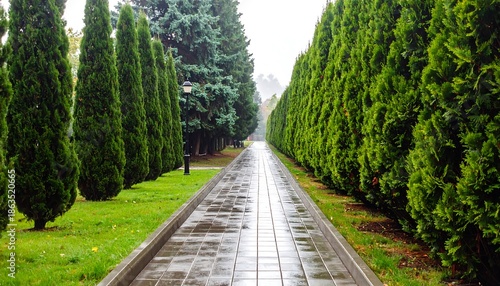 Wet walkway flanked by symmetrically-planted evergreen trees leads into distance. Green lawn and overcast sky create a tranquil outdoor scene