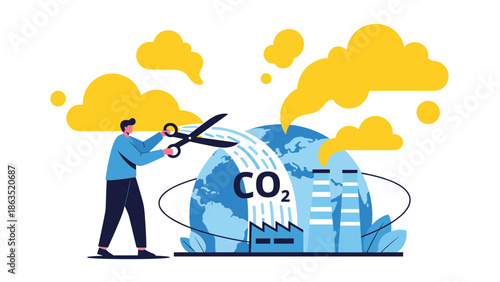 Conceptual illustration of a person cutting CO2 emissions from factories with scissors to protect the planet from air pollution.