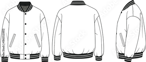 Blank Varsity Bomber Jacket Technical Sketch Vector Set Featuring Front Back and Side Views for Fashion Design Mockup and Apparel Branding