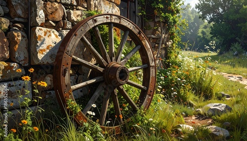Weathered wooden wagon wheel leans against a stone wall, surrounded by vibrant wildflowers and a sunlit meadow