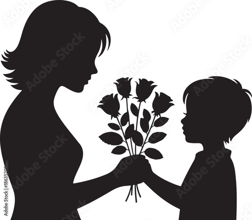 A silhouette of a mother and son sharing a tender moment with roses