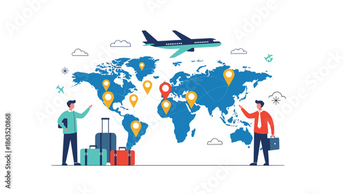 Two businessmen plan global travel and business expansion with a world map, airplane, suitcases, and location pins.