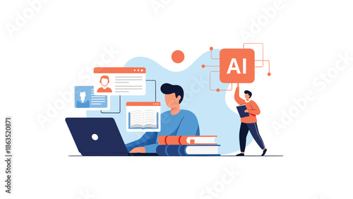 Student uses a laptop for e-learning with AI assistance, accessing online courses and digital books for modern education.