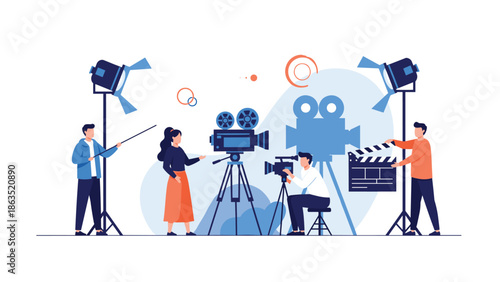 Film production crew works on a movie set with cameras, lighting, and a clapperboard to shoot a scene with an actress.