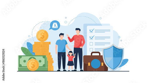 Family of three stands with their savings and an insurance policy, illustrating financial security and protection for the future.