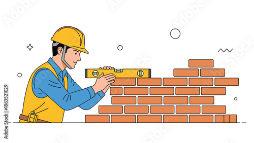 Construction worker in a hard hat uses a spirit level to ensure a new brick wall is perfectly straight and level.