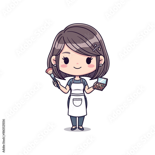 A cartoon woman applies makeup with a brush and palette indoors.