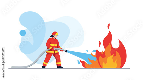 Female firefighter in full uniform bravely uses a fire hose to extinguish a large, dangerous blaze, showcasing heroism.