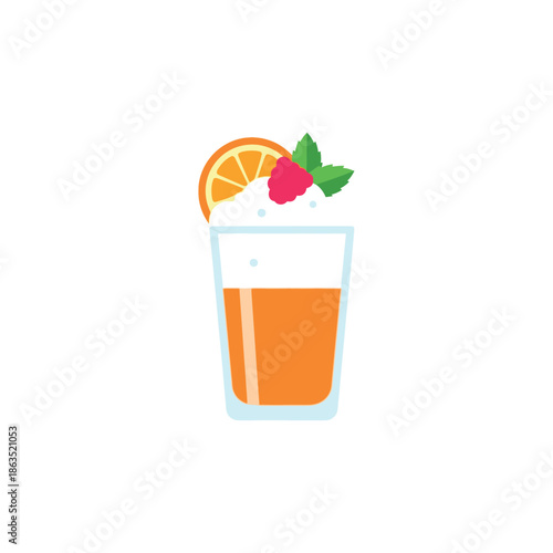 An illustration depicts a vibrant orange drink with a raspberry and orange slice on top.