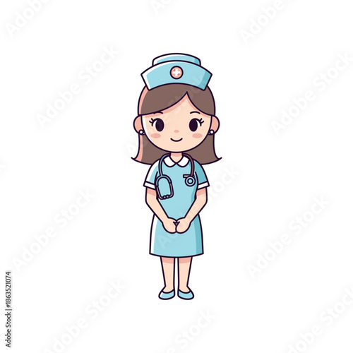 A smiling nurse in blue uniform and cap stands with hands clasped in front.