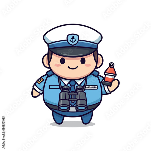 A cartoon coast guard holds a lighthouse and binoculars smiling.