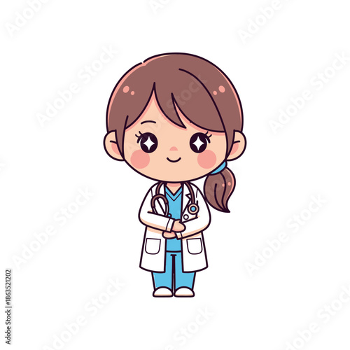 A cartoon illustration of a female doctor standing with a stethoscope around her neck.