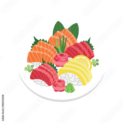 A vibrant illustration of sushi pieces arranged on a plate with rice and lemon slices.