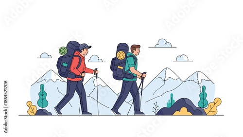 Two male hikers with large backpacks and walking poles trek through a mountain landscape, enjoying an outdoor adventure.