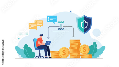 Man works on a laptop to manage his finances, with a security shield protecting his growing stack of money from online threats.